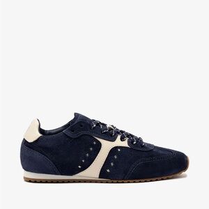 Larroude Stella Sneaker in Navy Suede and Ivory Leather